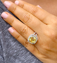 Load image into Gallery viewer, Huge Women's 14k solid white gold Fancy Yellow Cushion simulated and round cut natural diamond engagement ring Halo 4.70ct