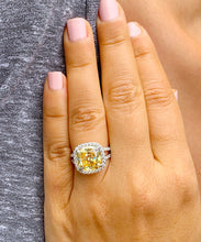 Load image into Gallery viewer, Huge Women's 14k solid white gold Fancy Yellow Cushion simulated and round cut natural diamond engagement ring Halo 4.70ct