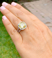Load image into Gallery viewer, Huge Women's 14k solid white gold Fancy Yellow Cushion simulated and round cut natural diamond engagement ring Halo 4.70ct