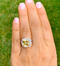 Load image into Gallery viewer, Huge Women's 14k solid white gold Fancy Yellow Cushion simulated and round cut natural diamond engagement ring Halo 4.70ct