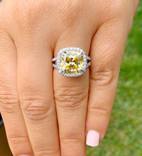 Load image into Gallery viewer, Huge Women's 14k solid white gold Fancy Yellow Cushion simulated and round cut natural diamond engagement ring Halo 4.70ct