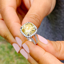 Load image into Gallery viewer, Huge Women's 14k solid white gold Fancy Yellow Cushion simulated and round cut natural diamond engagement ring Halo 4.70ct