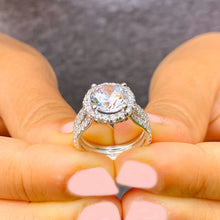 Load image into Gallery viewer, Triple shank style 14k Solid White Gold Round Cut Forever One Moissanite and Natural Diamond Engagement Ring Halo, Bridal, Wedding 3.80ctw