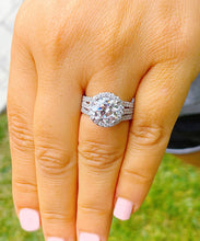 Load image into Gallery viewer, Triple shank style 14k Solid White Gold Round Cut Forever One Moissanite and Natural Diamond Engagement Ring Halo, Bridal, Wedding 3.80ctw