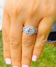 Load image into Gallery viewer, Triple shank style 14k Solid White Gold Round Cut Forever One Moissanite and Natural Diamond Engagement Ring Halo, Bridal, Wedding 3.80ctw