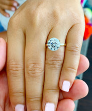 Load image into Gallery viewer, Large Five Carat set in 14k solid yellow gold round cut forever one moissanite engagement ring solitaire, bridal set, wedding, anniversary