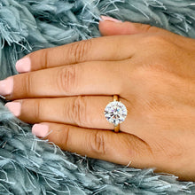 Load image into Gallery viewer, Large Five Carat set in 14k solid yellow gold round cut forever one moissanite engagement ring solitaire, bridal set, wedding, anniversary