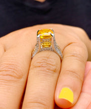 Load image into Gallery viewer, Huge, Women's 14k solid white and yellow gold cushion cut yellow citrine and natural diamond engagement ring Bridal Wedding 4.80ctw