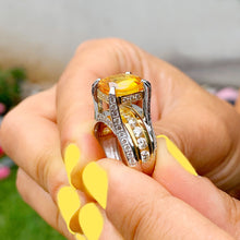 Load image into Gallery viewer, Huge, Women's 14k solid white and yellow gold cushion cut yellow citrine and natural diamond engagement ring Bridal Wedding 4.80ctw