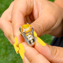 Load image into Gallery viewer, Huge, Women's 14k solid white and yellow gold cushion cut yellow citrine and natural diamond engagement ring Bridal Wedding 4.80ctw