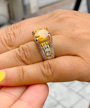 Load image into Gallery viewer, Huge 14K Yellow And White Gold Cushion Cut Natural Yellow Citrine and Round cut Natural Diamonds Engagement Ring Bridal Wedding 4.80ctw