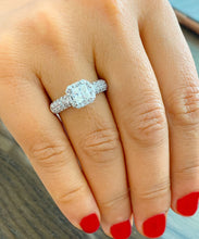 Load image into Gallery viewer, 14k white gold princess cut moissanite and round and baguettes diamond engagement ring prong set, bridal, anniversary, wedding, halo 2.00ctw