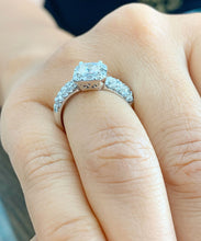 Load image into Gallery viewer, 14k white gold princess cut moissanite and round and baguettes diamond engagement ring prong set, bridal, anniversary, wedding, halo 2.00ctw