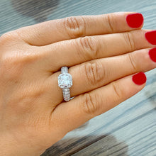 Load image into Gallery viewer, GIA/IGI Certified 14k White Gold Princess Cut Moissanite And Round And Baguettes Diamond Engagement Ring Prong Set halo 2.00ctw F-VS2