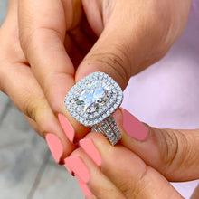 Load image into Gallery viewer, Double Halo 14K Solid White Gold Cushion Cut Forever One Moissanite and Natural Diamond Engagement Ring And Band Wedding Bridal 4.50ct