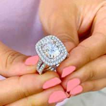 Load image into Gallery viewer, Double Halo 14K Solid White Gold Cushion Cut Moissanite and Natural Diamond Engagement Ring And Band Wedding Bridal 4.50ct