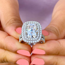 Load image into Gallery viewer, Double Halo 14K Solid White Gold Cushion Cut Moissanite and Natural Diamond Engagement Ring And Band Wedding Bridal 4.50ct