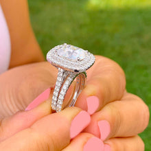 Load image into Gallery viewer, Double Halo 14K Solid White Gold Cushion Cut Forever One Moissanite and Natural Diamond Engagement Ring And Band Wedding Bridal 4.50ct