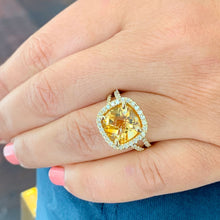 Load image into Gallery viewer, 14K Yellow Gold Cushion Yellow Citrine and Round Cut Diamond Ring Split Band, art deco, halo, promise, propose, anniversary, wedding 4.80ct