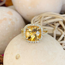 Load image into Gallery viewer, 14K Yellow Gold Cushion Yellow Citrine and Round Cut Diamond Ring Split Band, art deco, halo, promise, propose, anniversary, wedding 4.80ct