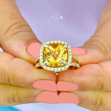 Load image into Gallery viewer, 14K Yellow Gold Cushion Yellow Citrine and Round Cut Diamond Ring Split Band, art deco, halo, promise, propose, anniversary, wedding 4.80ct