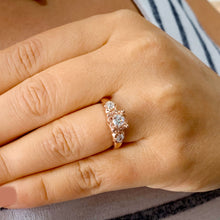 Load image into Gallery viewer, 14k Rose Gold Round Cut Forever One Moissanite Engagement Ring Art Deco Antique Style, Bridal, Prong Set, Halo, Three Stone 0.75ct