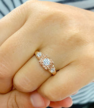 Load image into Gallery viewer, 14k Rose Gold Round Cut Forever One Moissanite Engagement Ring Art Deco Antique Style, Bridal, Prong Set, Halo, Three Stone 0.75ct
