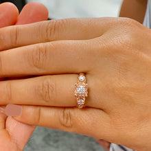 Load image into Gallery viewer, 14k Rose Gold Round Cut Diamond Engagement Ring Art Deco Antique Style, Bridal, Prong Set, Natural Diamonds, Halo, Three Stone 0.60ct