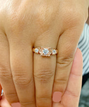 Load image into Gallery viewer, 14k Rose Gold Round Cut Forever One Moissanite Engagement Ring Art Deco Antique Style, Bridal, Prong Set, Halo, Three Stone 0.75ct