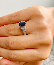 Load image into Gallery viewer, 14k solid white gold oval cut natural sapphire and round cut natural diamonds engagement ring Wedding, Anniversary Bridal, Filigree 2.15ctw