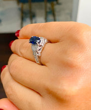 Load image into Gallery viewer, 14k solid white gold oval cut natural sapphire and round cut natural diamonds engagement ring Wedding, Anniversary Bridal, Filigree 2.15ctw