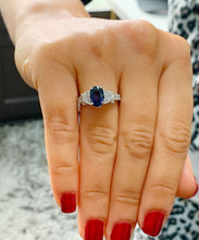 Load image into Gallery viewer, 14k solid white gold oval cut natural sapphire and round cut natural diamonds engagement ring Wedding, Anniversary Bridal, Filigree 2.15ctw