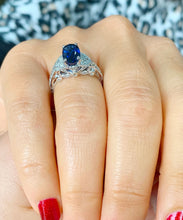 Load image into Gallery viewer, 14k solid white gold oval cut natural sapphire and round cut natural diamonds engagement ring Wedding, Anniversary Bridal, Filigree 2.15ctw