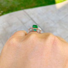 Load image into Gallery viewer, Big 14k solid white gold natural green emerald and natural round and cushion cut diamonds ring, bridal, engagement, wedding 5.50ct