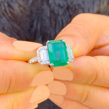 Load image into Gallery viewer, Big 14k solid white gold natural green emerald and natural round and cushion cut diamonds ring, bridal, engagement, wedding 5.50ct