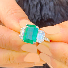 Load image into Gallery viewer, Big 14k solid white gold natural green emerald and natural round and cushion cut diamonds ring, bridal, engagement, wedding 5.50ct