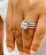 Load image into Gallery viewer, Large 14K solid and heavy white gold princess cut moissanite and natural diamond engagement ring and band Bridal Wedding Halo 2.50ct