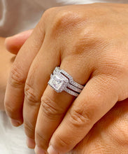 Load image into Gallery viewer, Large 14K solid and heavy white gold princess cut moissanite and natural diamond engagement ring and band Bridal Wedding Halo 2.50ct