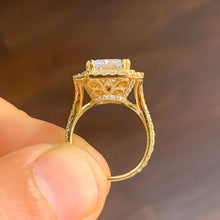 Load image into Gallery viewer, 14k solid yellow gold radiant cut forever one moissanite and round natural diamond engagement ring double halo split shank 3.50ctw