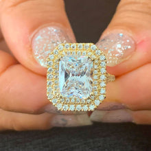 Load image into Gallery viewer, Beautiful 14k solid yellow gold radiant cut moissanite and round natural diamond engagement ring double halo split shank 3.50ctw