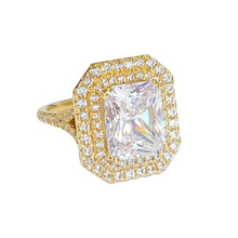 Load image into Gallery viewer, Beautiful 14k solid yellow gold radiant cut moissanite and round natural diamond engagement ring double halo split shank 3.50ctw