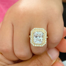 Load image into Gallery viewer, Beautiful 14k solid yellow gold radiant cut moissanite and round natural diamond engagement ring double halo split shank 3.50ctw