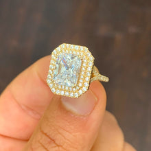 Load image into Gallery viewer, Beautiful 14k solid yellow gold radiant cut moissanite and round natural diamond engagement ring double halo split shank 3.50ctw