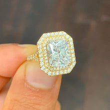 Load image into Gallery viewer, 14k solid yellow gold radiant cut forever one moissanite and round natural diamond engagement ring double halo split shank 3.50ctw
