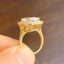 Load image into Gallery viewer, 14k solid yellow gold radiant cut forever one moissanite and round natural diamond engagement ring double halo split shank 3.50ctw