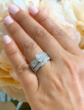 Load image into Gallery viewer, 14k solid white gold radiant cut forever one moissanite and round natural diamond engagement ring and band, anniversary, wedding set 3.30ctw