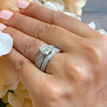 Load image into Gallery viewer, 14k solid white gold radiant cut moissanite and round natural diamond engagement ring and band, anniversary, wedding set 2.80ctw