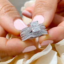 Load image into Gallery viewer, 14k solid white gold radiant cut forever one moissanite and round natural diamond engagement ring and band, anniversary, wedding set 3.30ctw