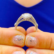 Load image into Gallery viewer, 14k Solid White Gold Pear Cut Moissanite and Natural Diamond Engagement Ring Bezel Set Halo, Bridal, Antique Style 1.85ctw