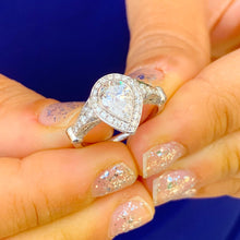 Load image into Gallery viewer, 14k Solid White Gold Pear Cut Moissanite and Natural Diamond Engagement Ring Bezel Set Halo, Bridal, Antique Style 1.85ctw